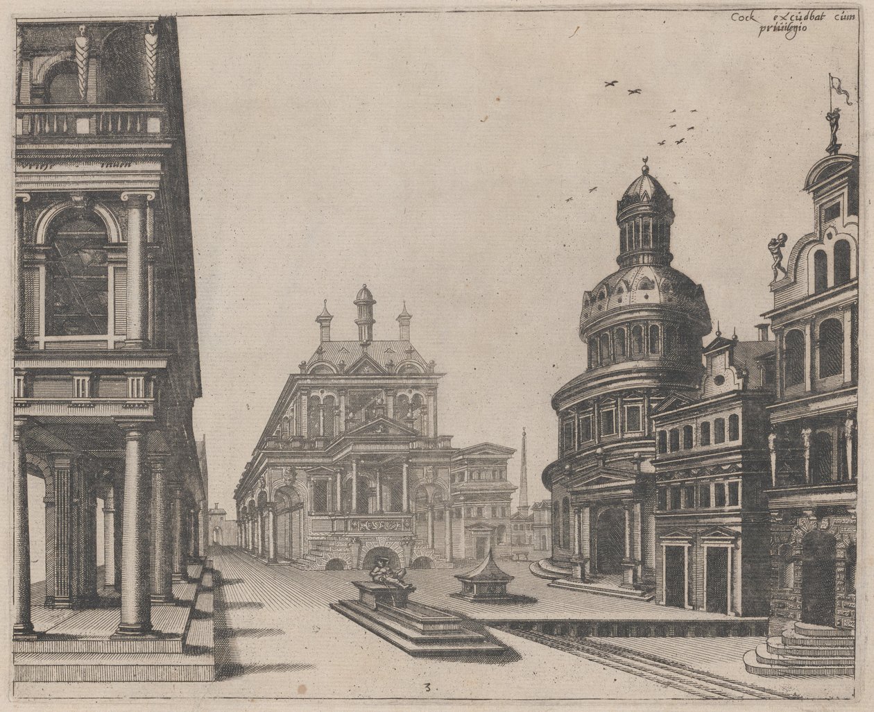 Hörn av ett palats med Colonnade och Circular Building av Lucas van Doetechum and Johannes