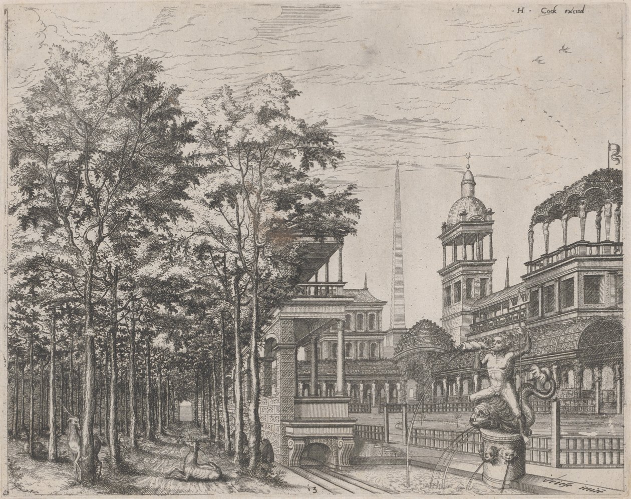 Landskap med träd, två rådjur och en palatsgård av Lucas van Doetechum and Johannes