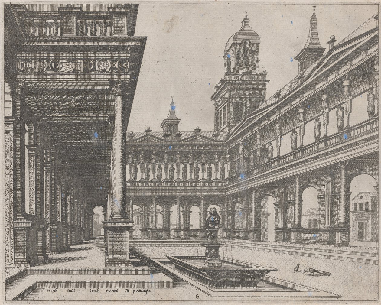 Palace Courtyard med fontän i en rektangulär bassäng av Lucas van Doetechum and Johannes