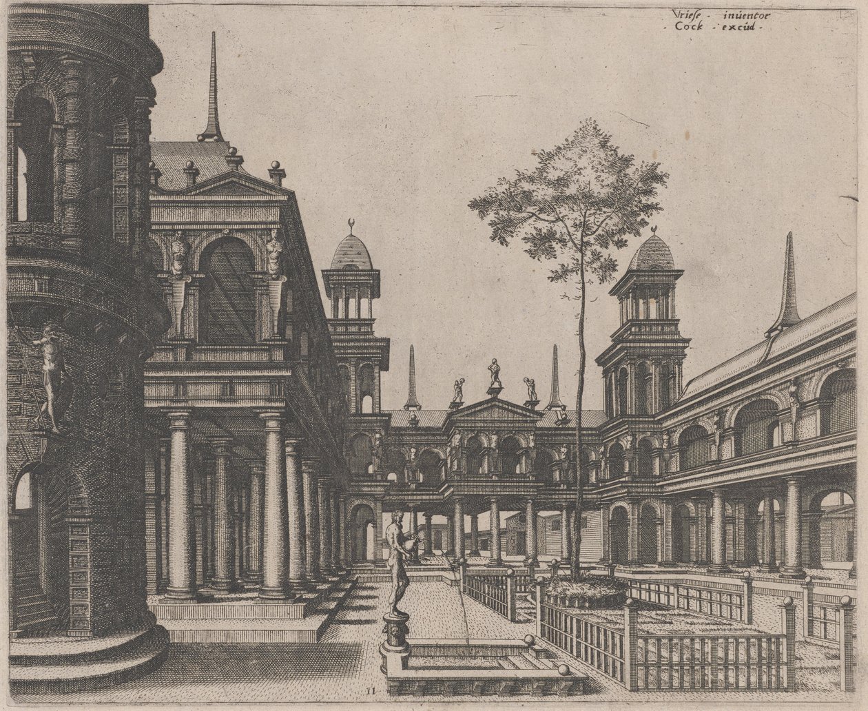Torg med en cirkulär byggnad till vänster och en obelisk i bakgrunden av Lucas van Doetechum and Johannes