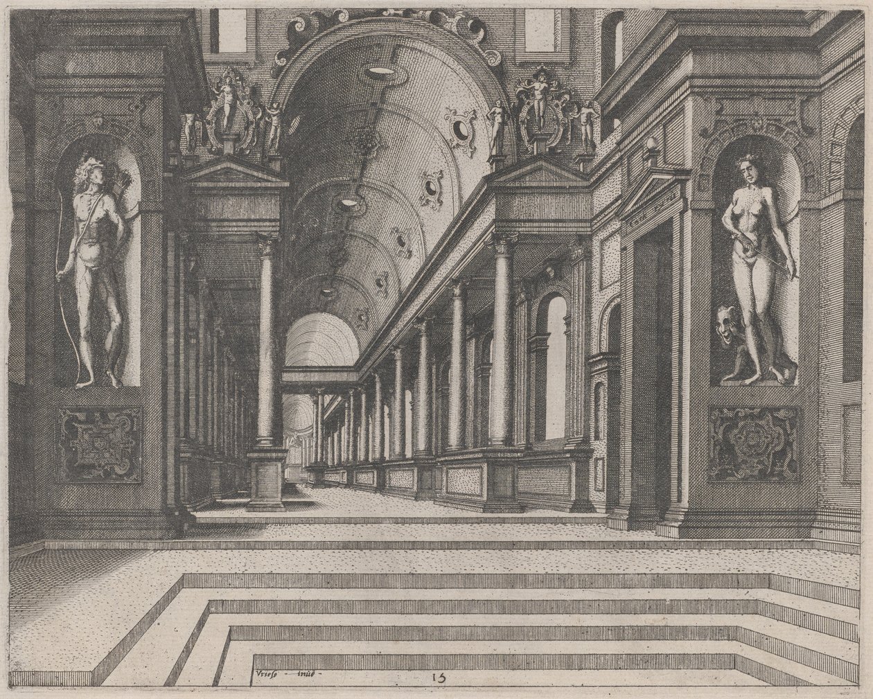 Utsikt i en kyrka med korintiska kolonner och statyer av Apollo, Melpomene och Moses av Lucas van Doetechum and Johannes