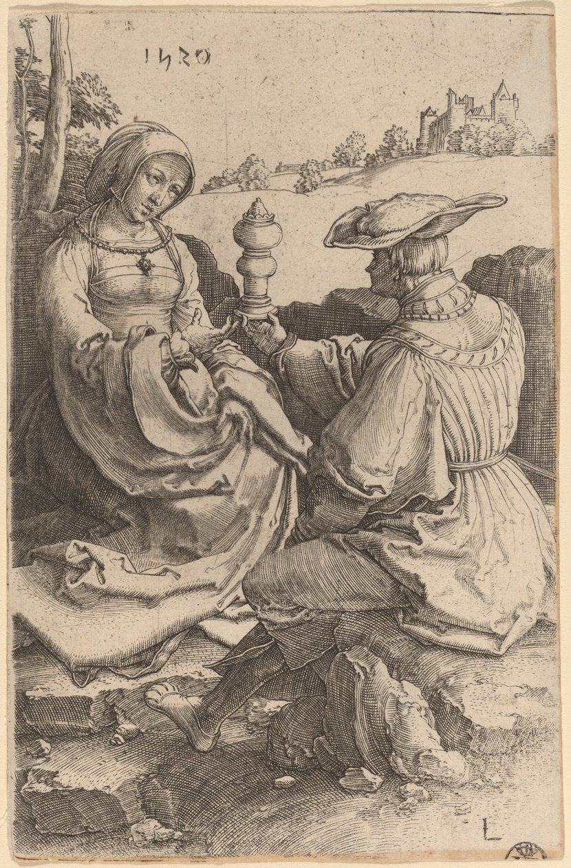 En adelsman och en dam som sitter i ett landskap av Lucas van Leyden