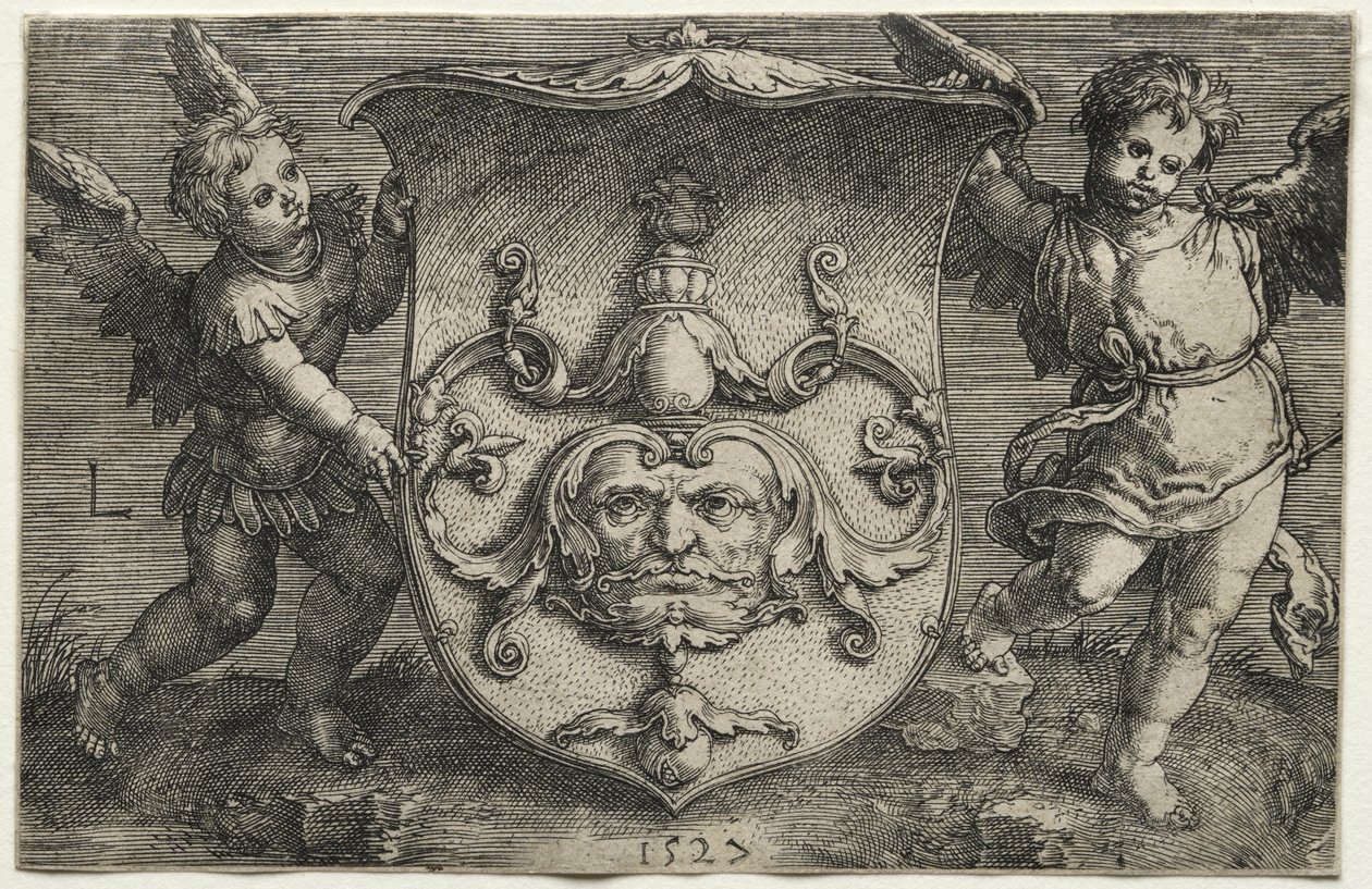 En sköld som bär en mask som stöds av två Genii av Lucas van Leyden
