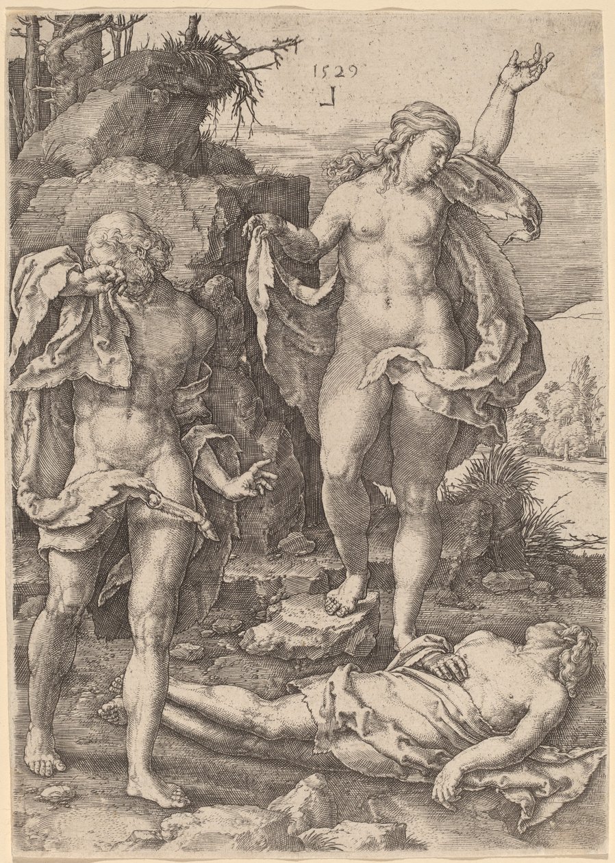 Adam och Eva beklagar Abels död av Lucas van Leyden