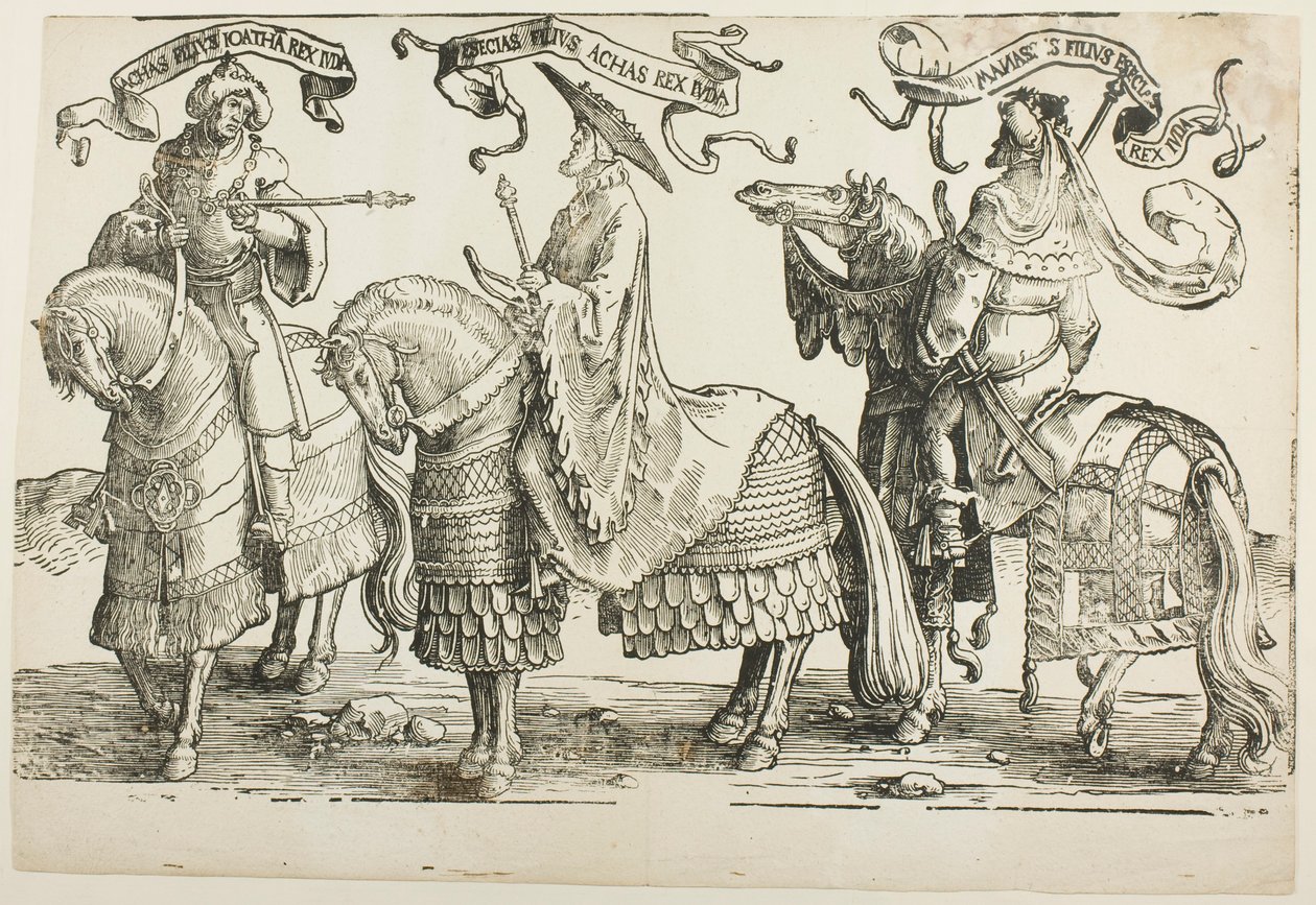 Ahas, Hiskia, Manasse, plåt fyra, från Israels tolv kungar av Lucas van Leyden