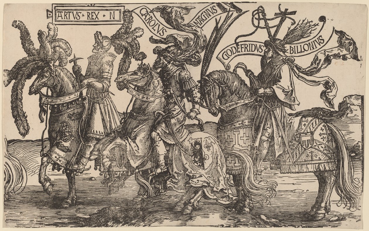 Arthur, Karl den Store (Karl den Store), Godfry av Bouillon av Lucas van Leyden
