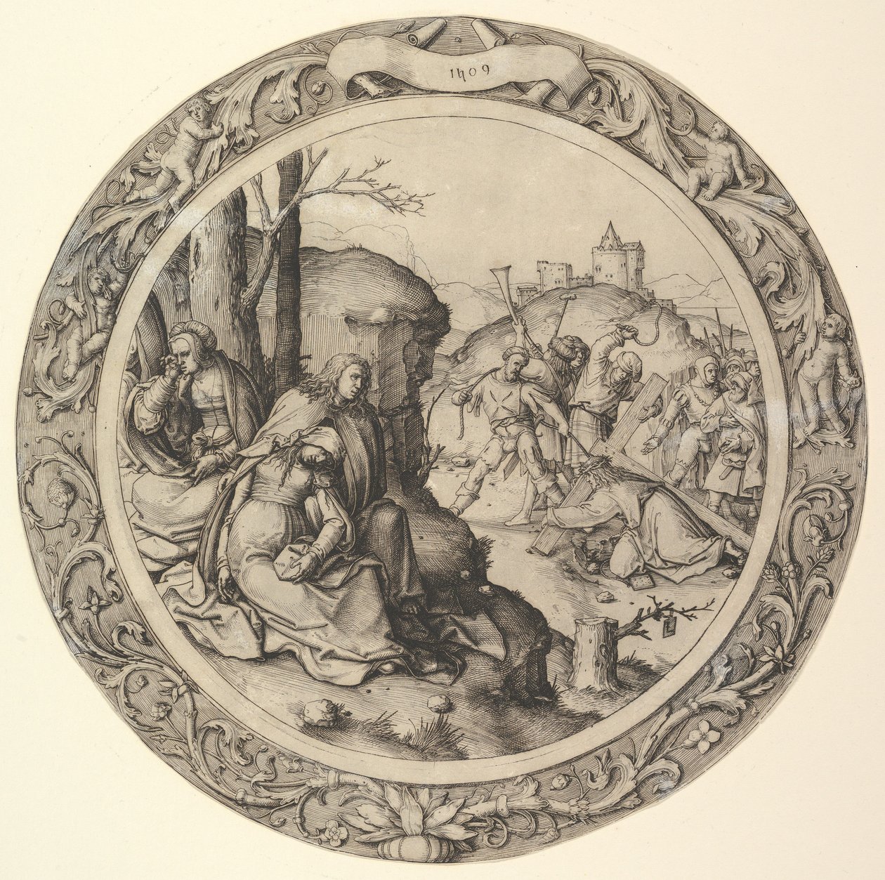 Kristus bär korset, från Circular Passion, 1509. av Lucas van Leyden