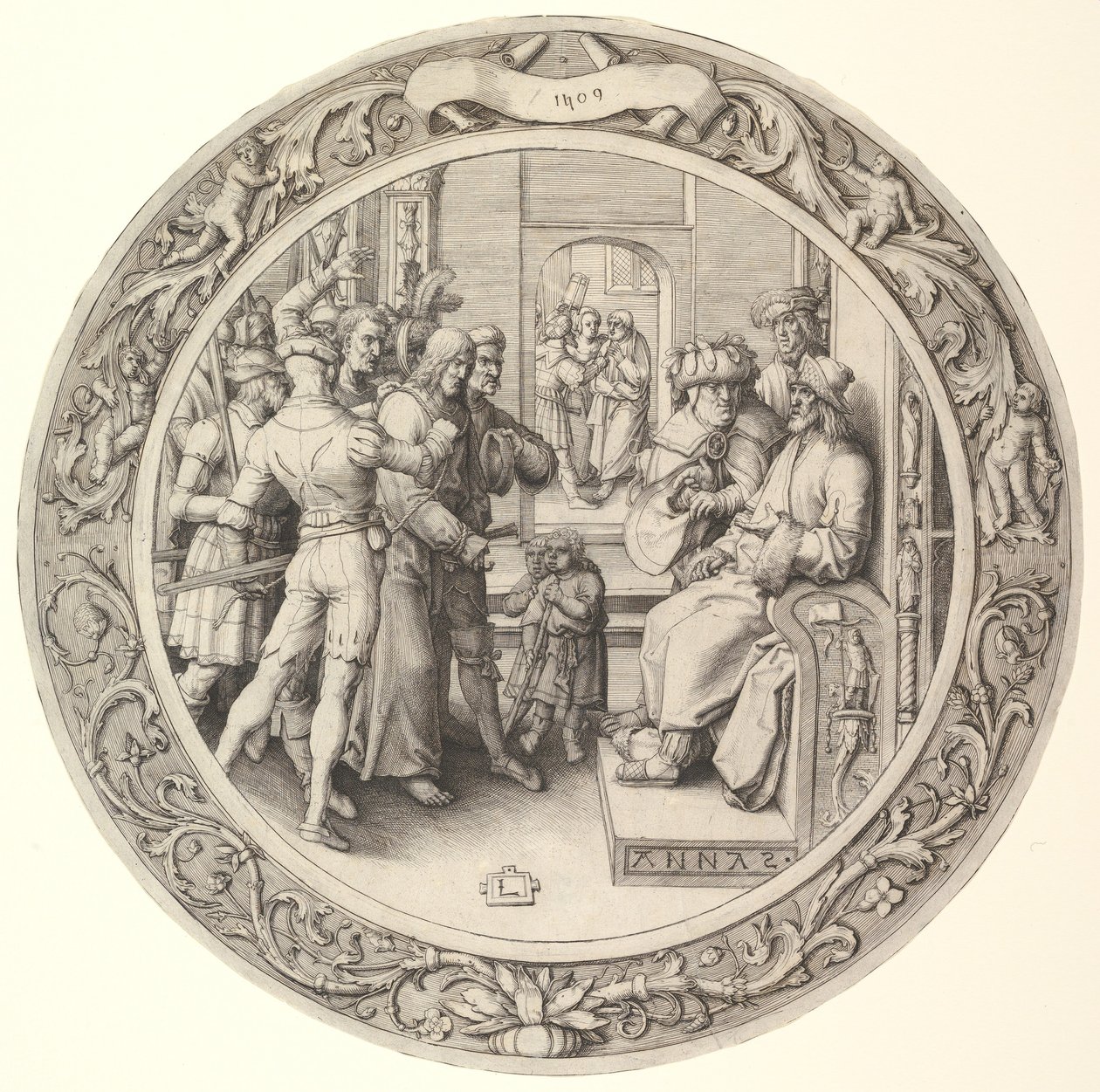 Kristus före Annas, från Circular Passion, 1509. av Lucas van Leyden