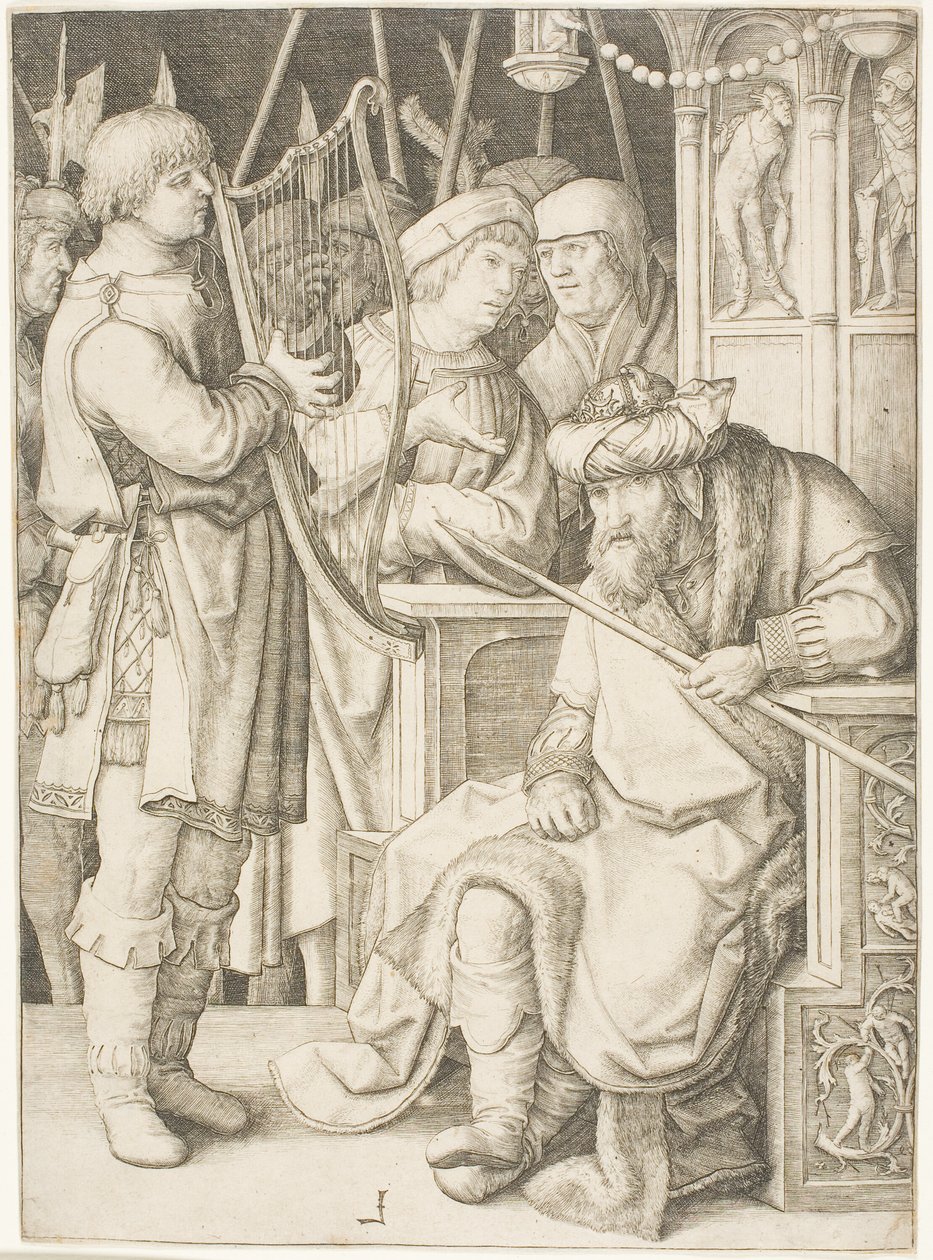 David spelar harpan före Saul av Lucas van Leyden