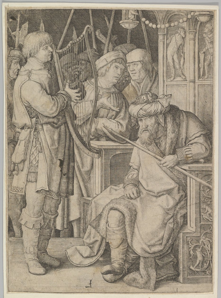 David spelar harpa inför Saul av Lucas van Leyden