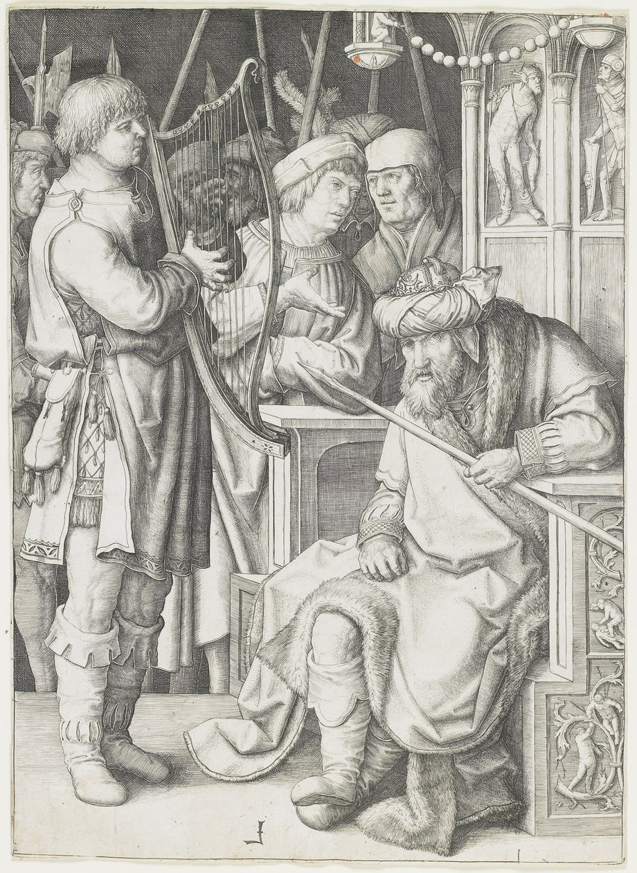 David spelar harpa inför Saul, ca 1508 av Lucas van Leyden