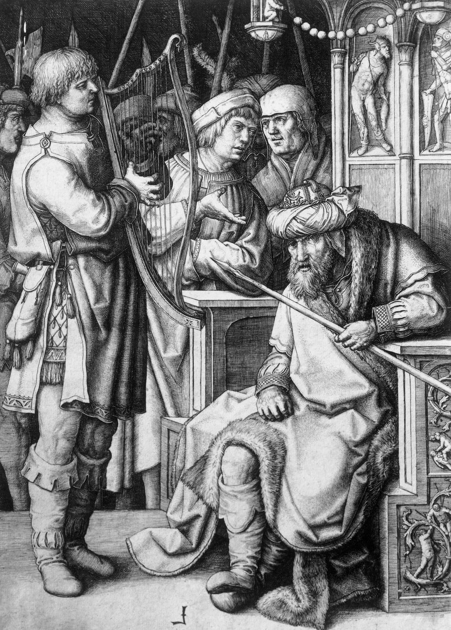 David spelar harpa inför kung Saul, cirka 1508, av Lucas van Leyden (ca 1494-1533), gravyr av Lucas van Leyden