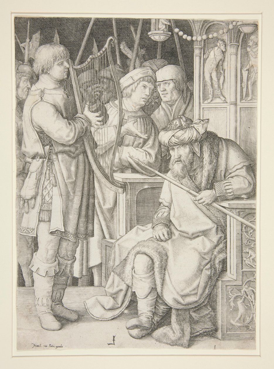 David spelar harpan före Saul av Lucas van Leyden