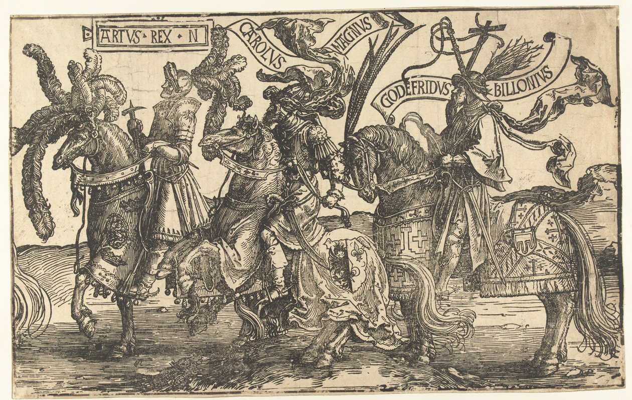 Hjältarna kung Arthur, Karl den Store och Godfrey av Bouillon The Nine Heroes (serietitel) av Lucas van Leyden