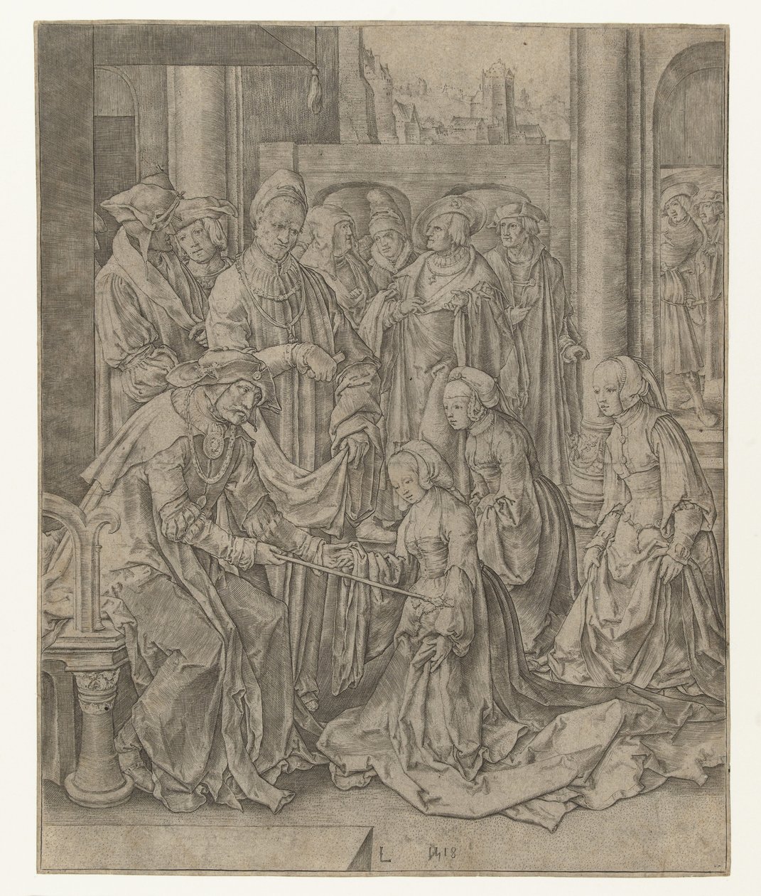 Ester knäböjer framför Ahasveros av Lucas van Leyden