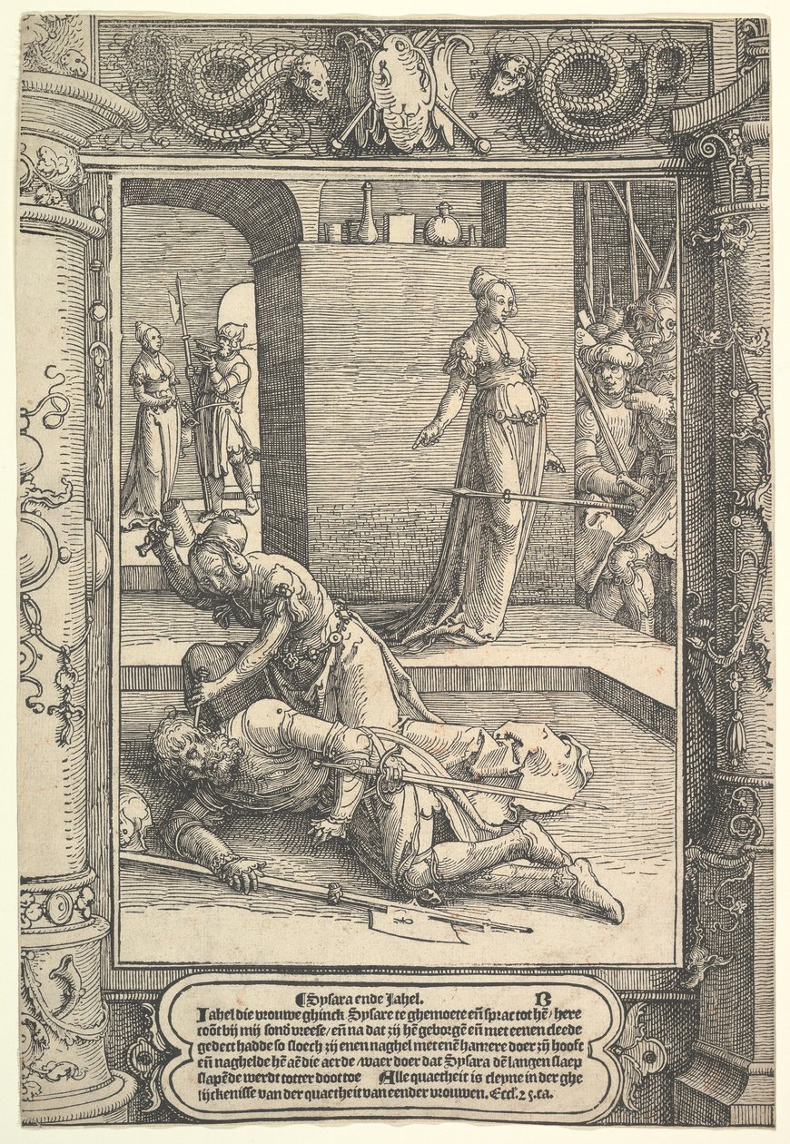 Jael Killing Sisera, prydnadsram, ca. 1517. av Lucas van Leyden