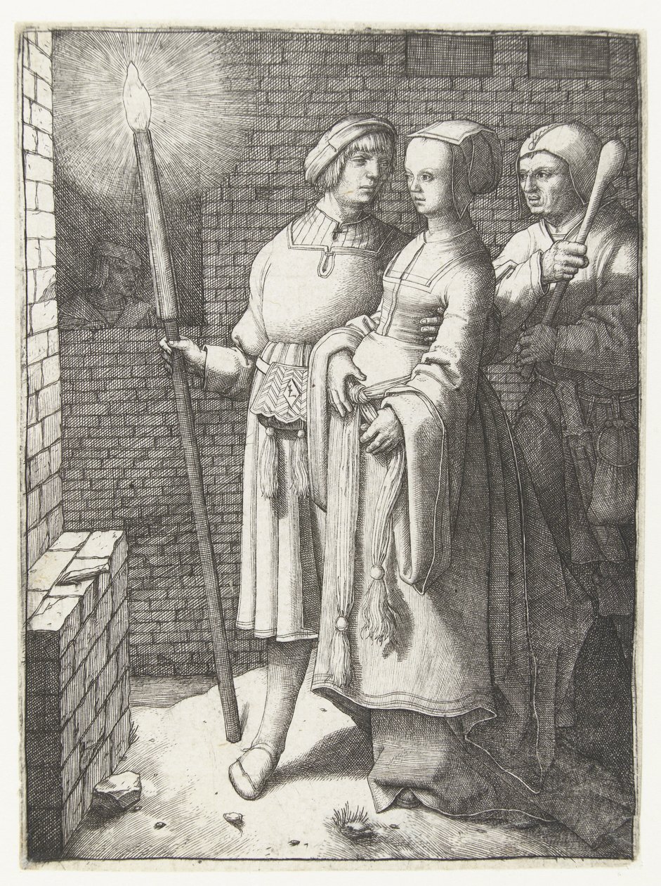 Ung man med en fackla, en kvinna och en nar av Lucas van Leyden