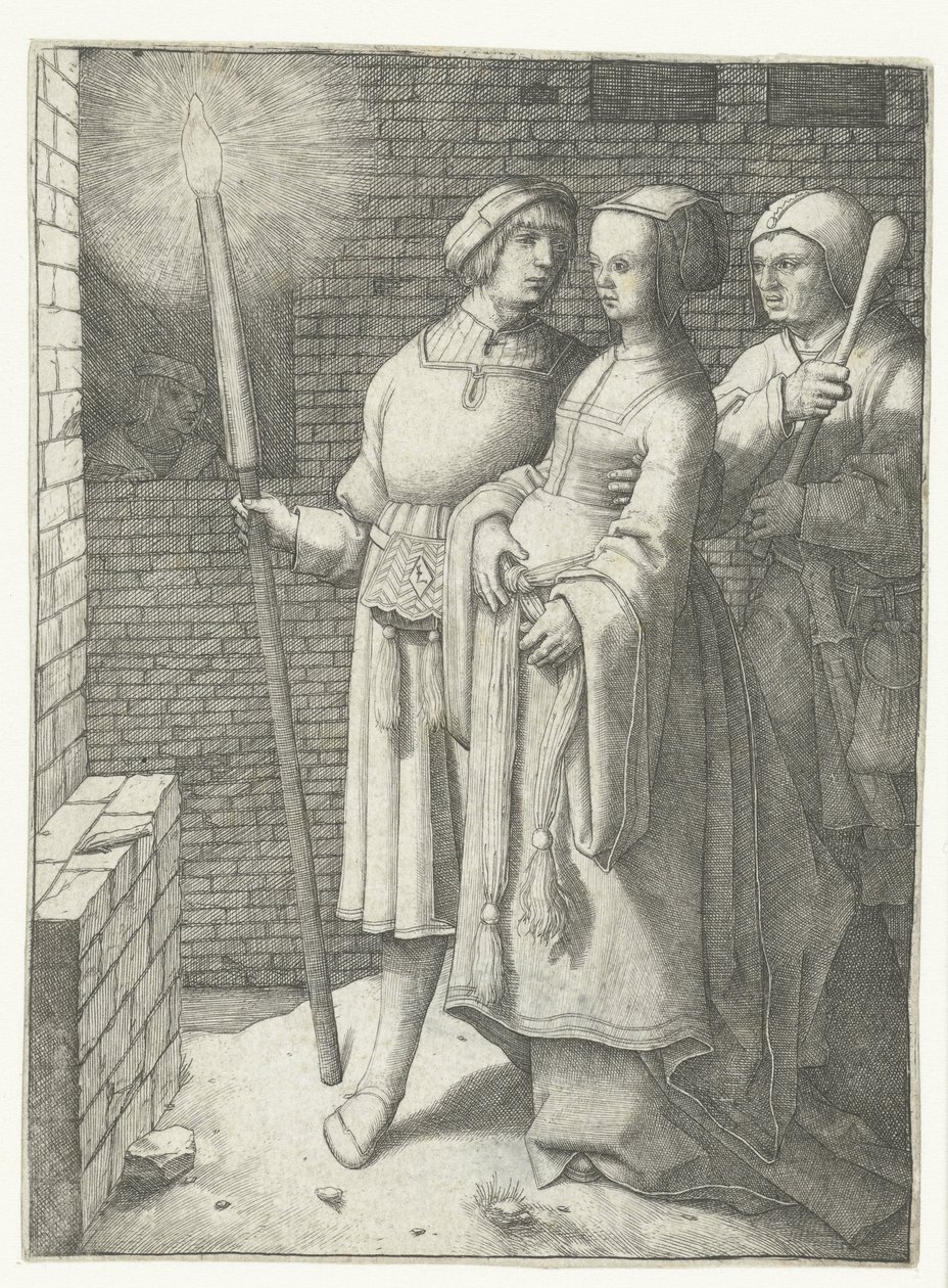 Ung man med en fackla, en kvinna och en nar av Lucas van Leyden