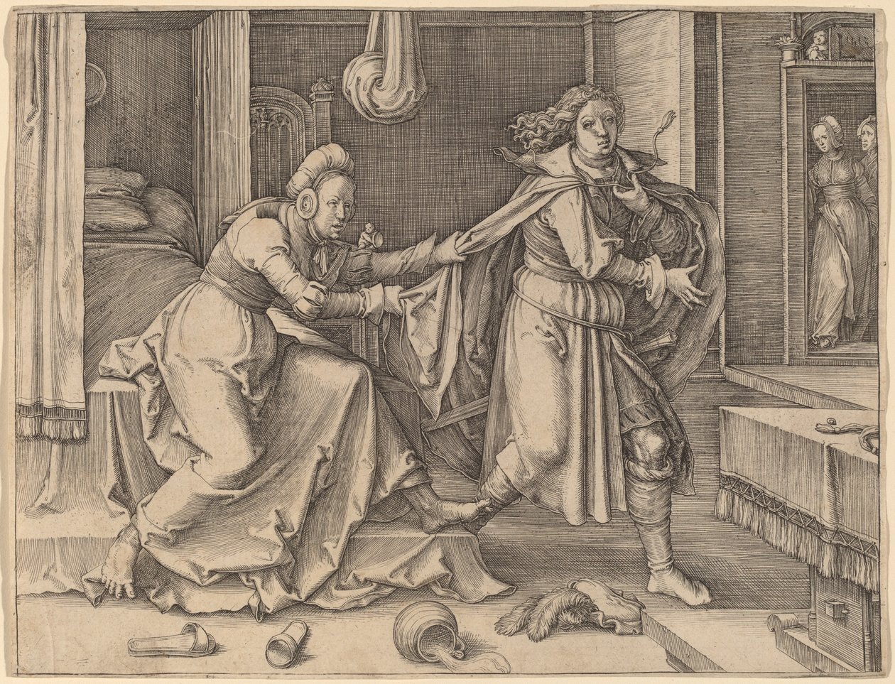 Josef flyr från Potifars hustru av Lucas van Leyden