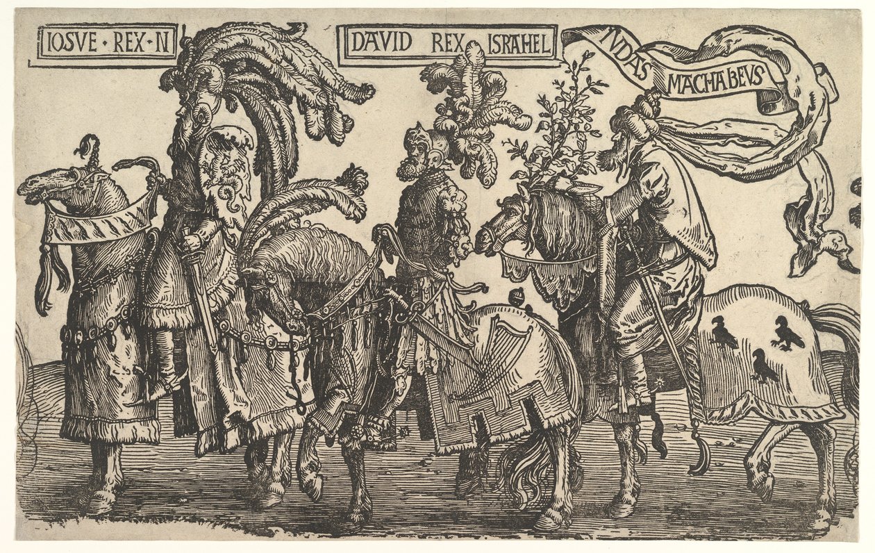 Joshua, David och Judas Maccabee, från The Nine Heroes, ca. 1520. av Lucas van Leyden