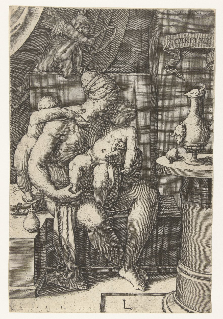 Kärlek Välgörenhet (titel på objekt) Seven Virtues (serietitel) av Lucas van Leyden