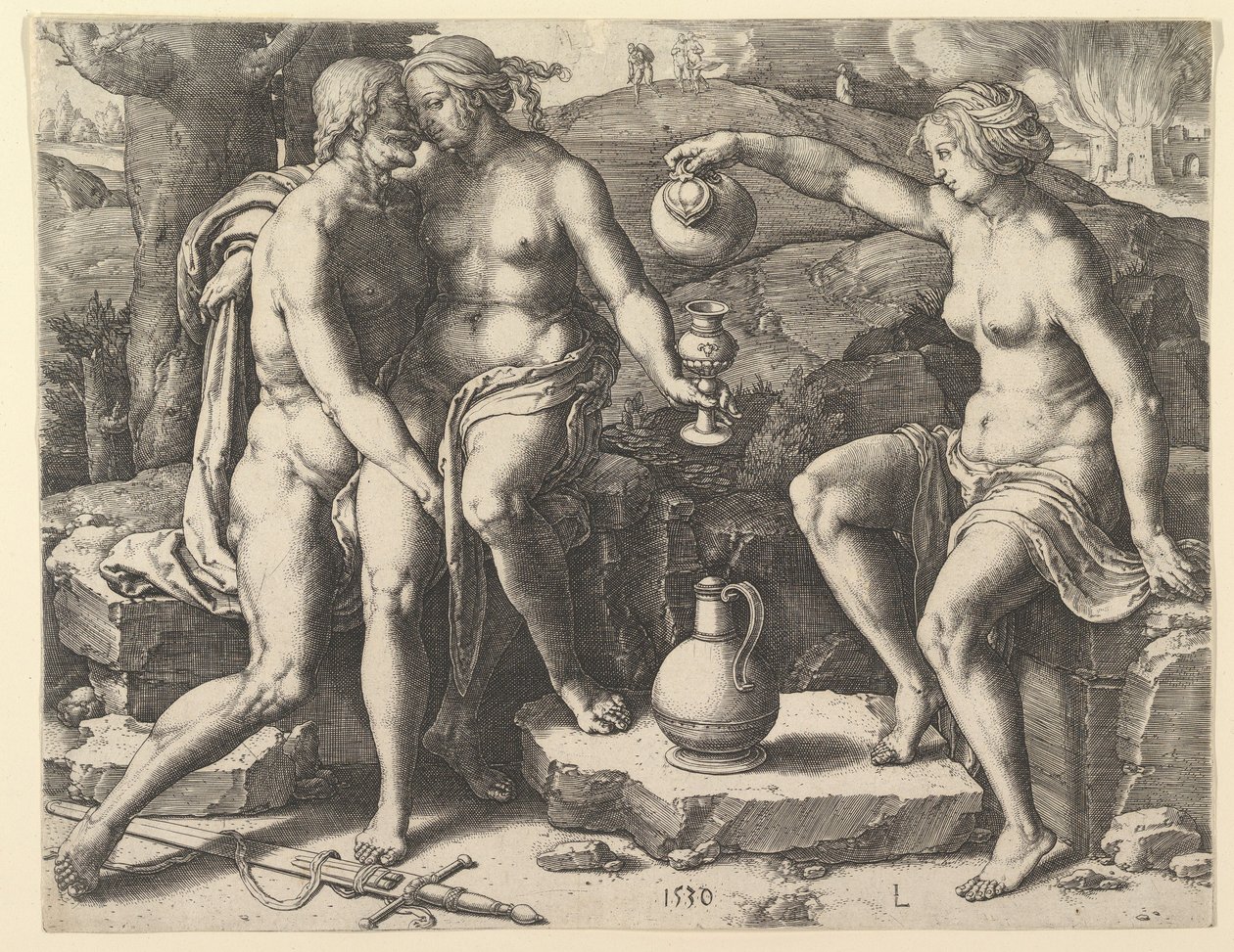 Lot och hans döttrar, 1530. av Lucas van Leyden