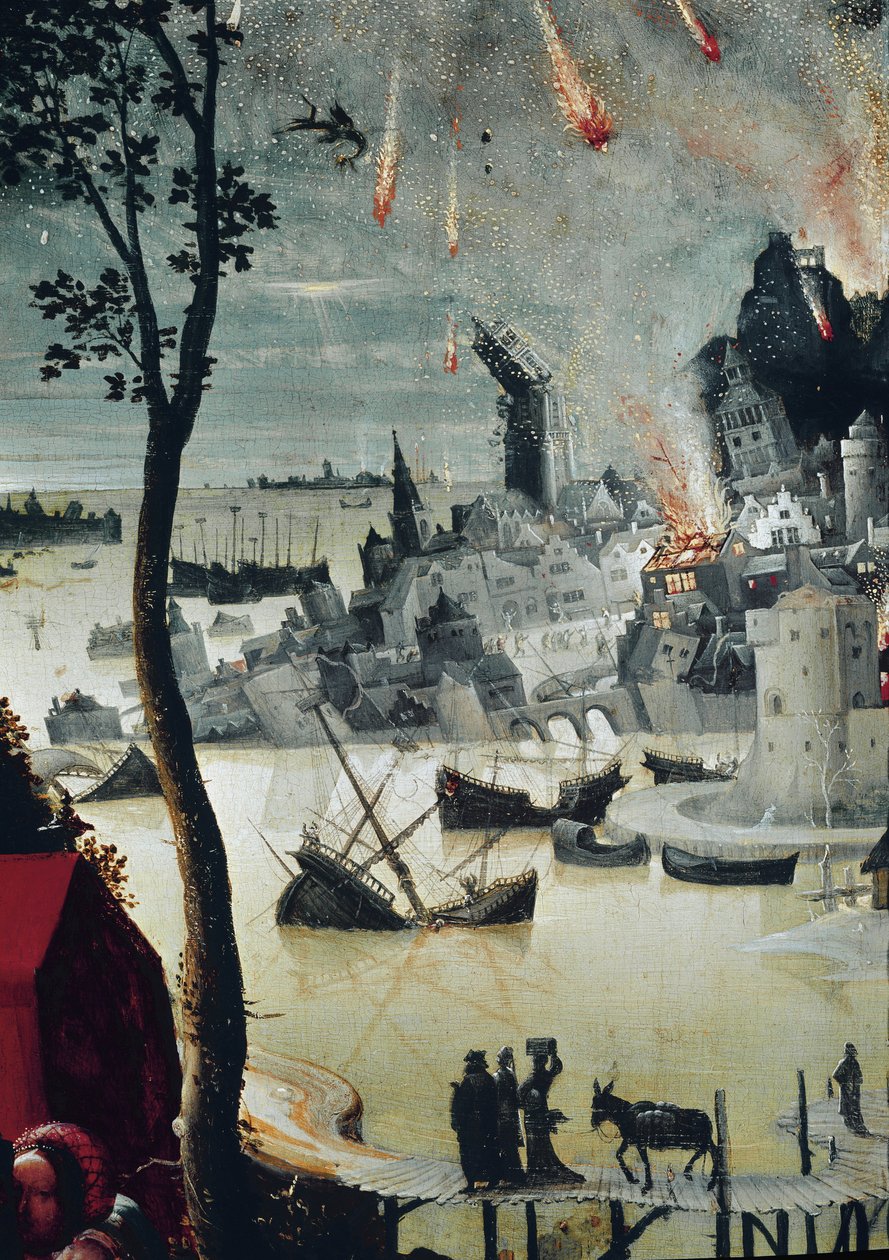 Lot och hans döttrar, detalj om Sodoms förstörelse (olja på panel, cirka 1517) av Lucas van Leyden