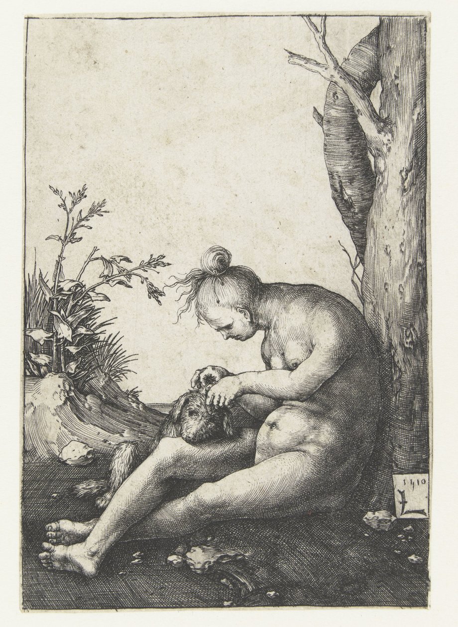 Naken kvinna med hund av Lucas van Leyden