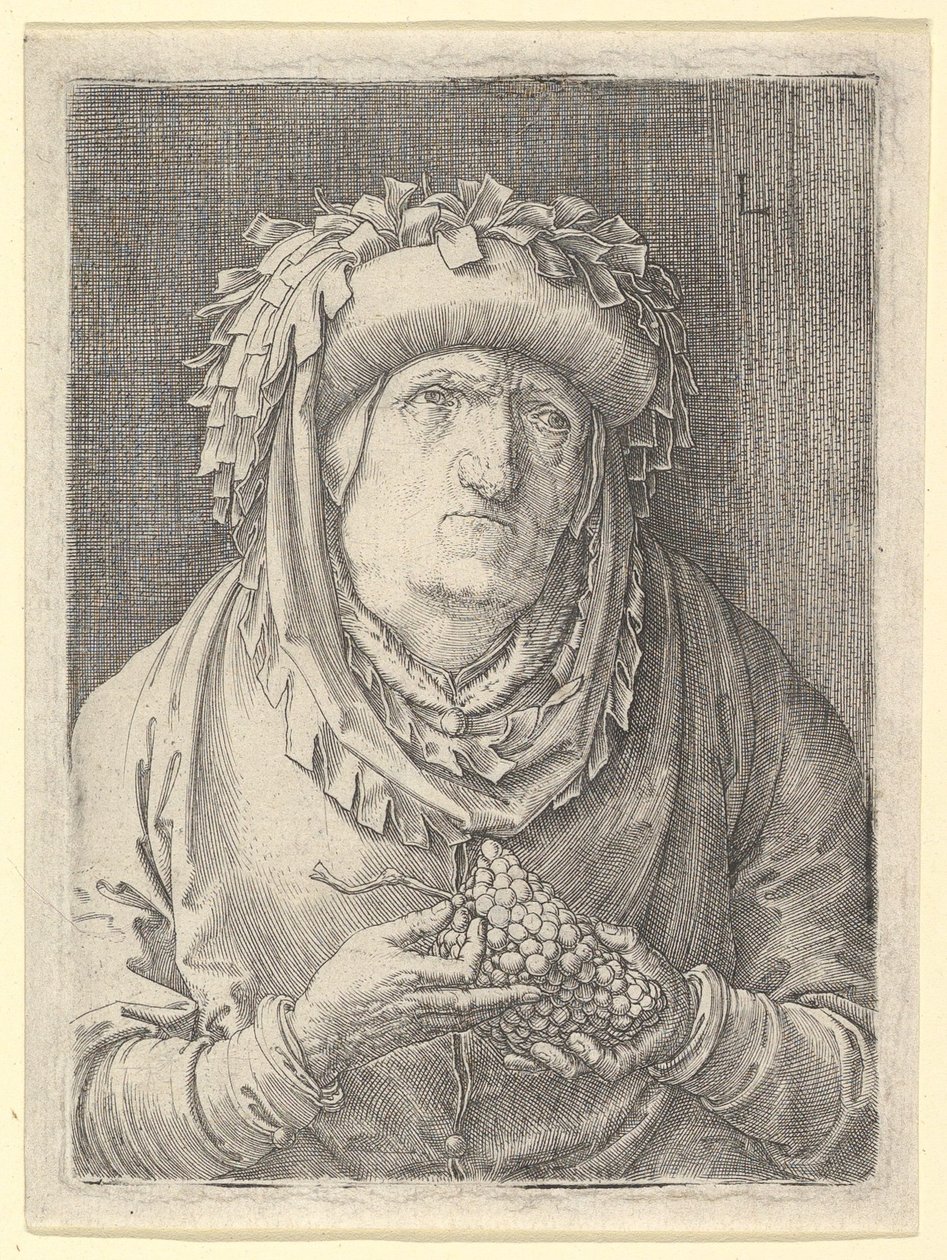 Gammal kvinna med vindruvor, ca. 1523. av Lucas van Leyden