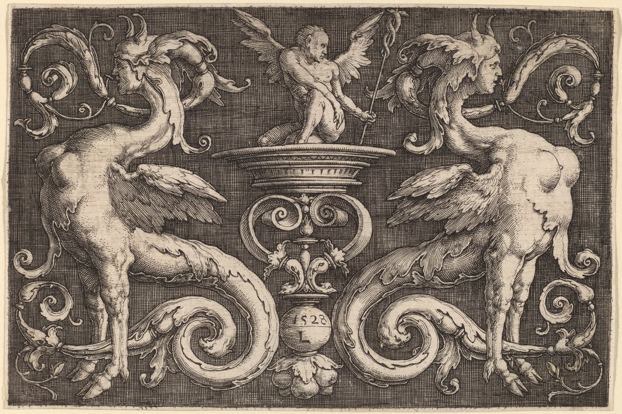 Prydnad med två sfinxer och en bevingad man av Lucas van Leyden