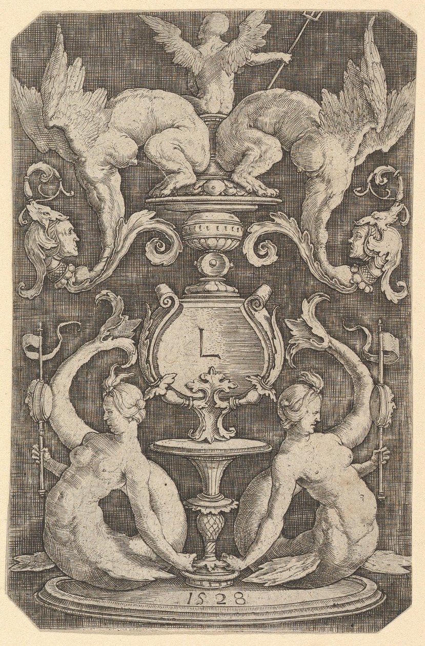 Panel av prydnad med två sirener, 1528. av Lucas van Leyden