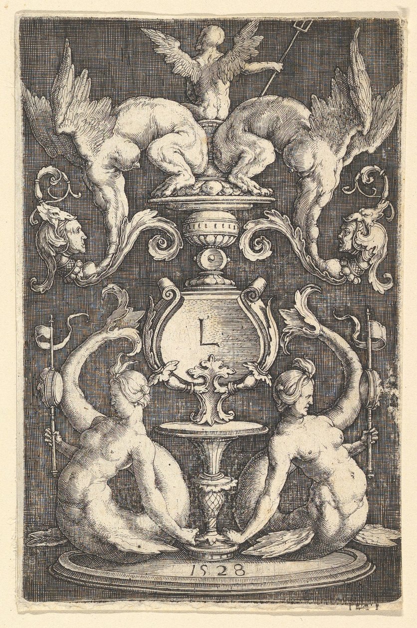 Panel av prydnad med två sirener, 1528. av Lucas van Leyden