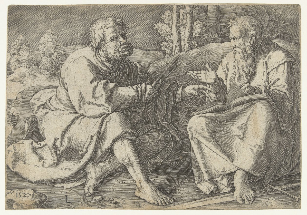Paul och Peter sitter i ett landskap av Lucas van Leyden