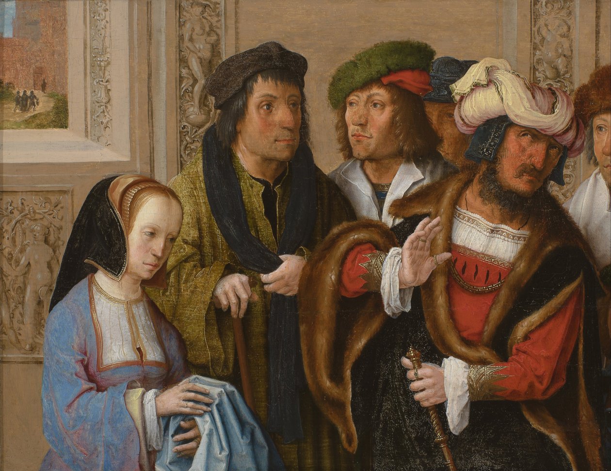 Potifars hustru visar sin man Josefs mantel. I bakgrunden: Josef förs till fängelset av Lucas van Leyden