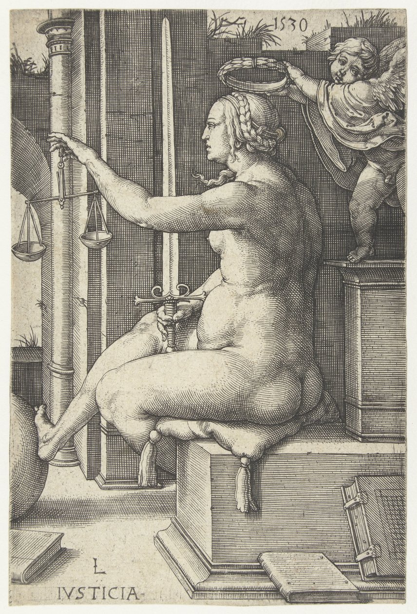Rättvisa Iusticia (titel på objekt) Seven Virtues (serietitel) av Lucas van Leyden