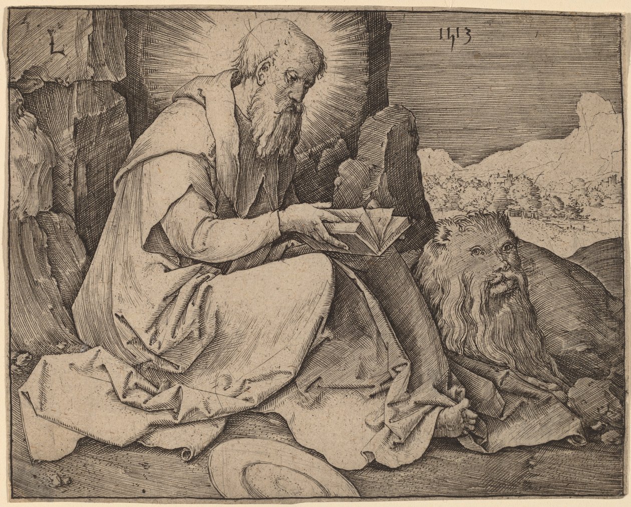Saint Hieronymus i ett landskap av Lucas van Leyden