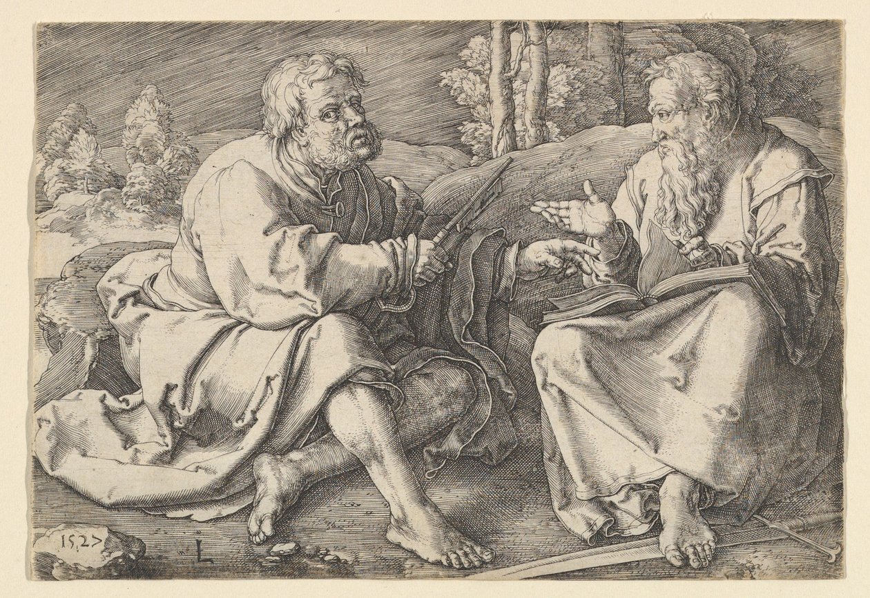 Sts. Peter och Paul sitter i ett landskap, 1527. av Lucas van Leyden