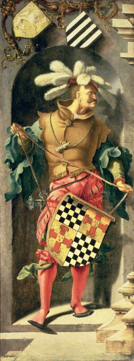 Helandet av den blinde mannen i Jeriko, vänster panel i triptyk med en krigare med beskyddarnas vapen, 1531 (olja på duk överförd från panelen) av Lucas van Leyden