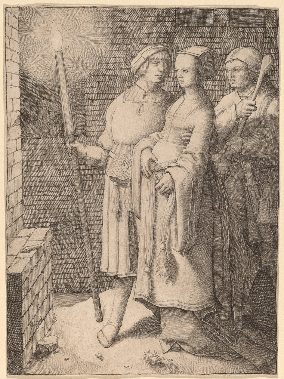 Mannen med facklan och en kvinna följt av en dåre av Lucas van Leyden