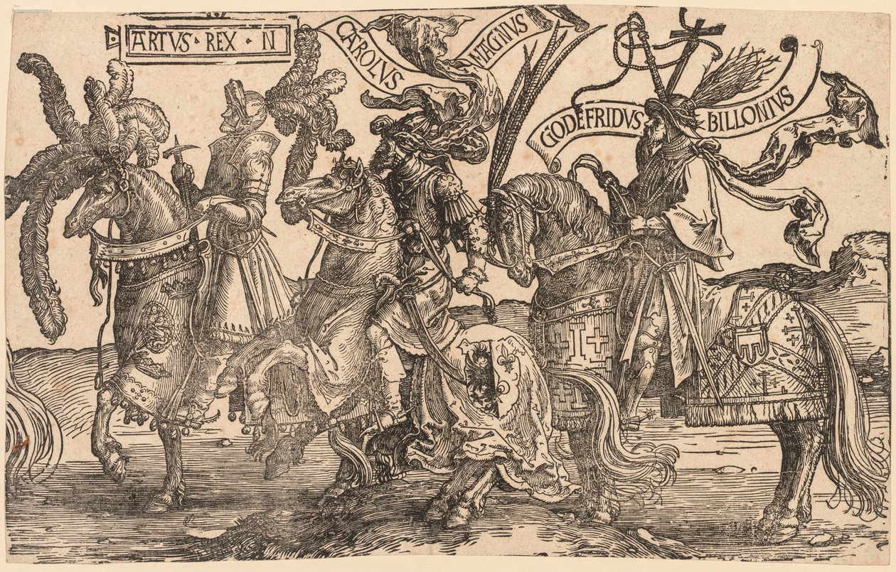 De nio hjältarna: Arthur, Karl den store Karl den store, Godfrey av Bouillon, 1515-1517. av Lucas van Leyden