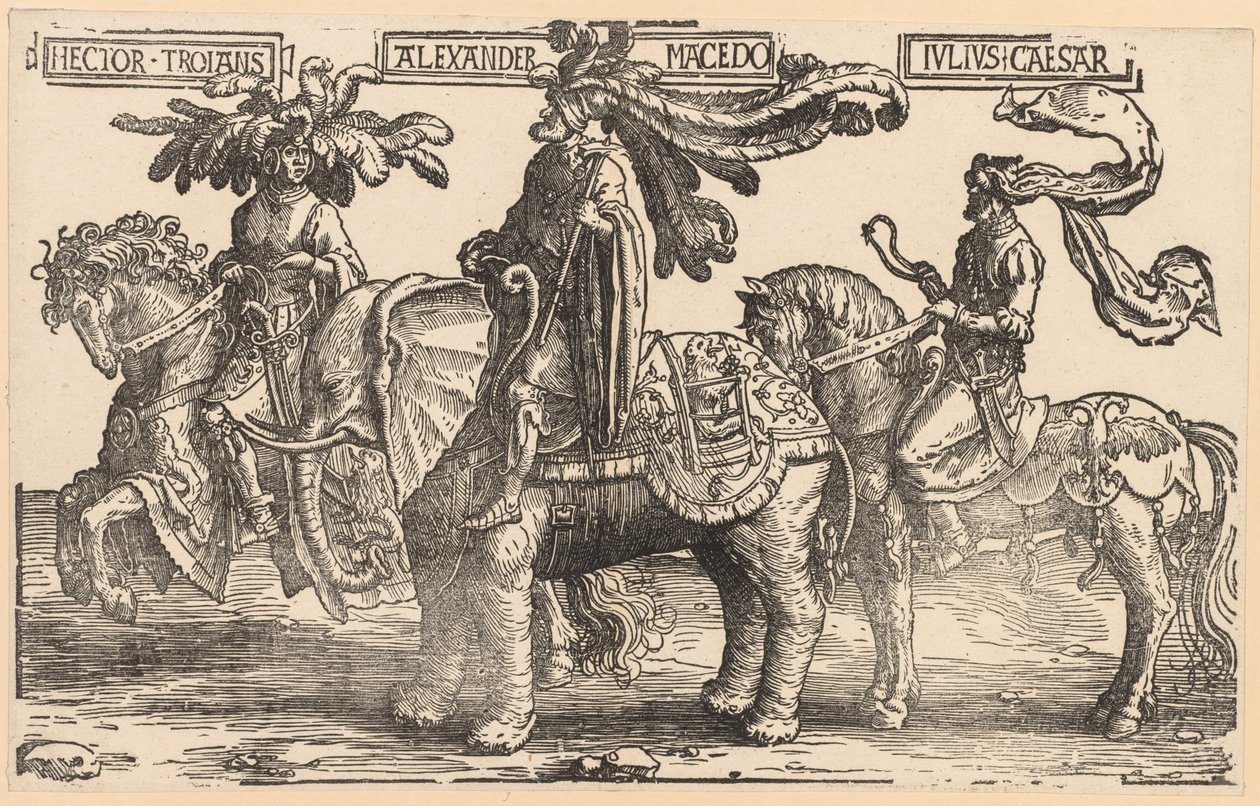De nio hjältarna: Hector av Troja, Alexander av Makedonien, Julius Caesar av Lucas van Leyden