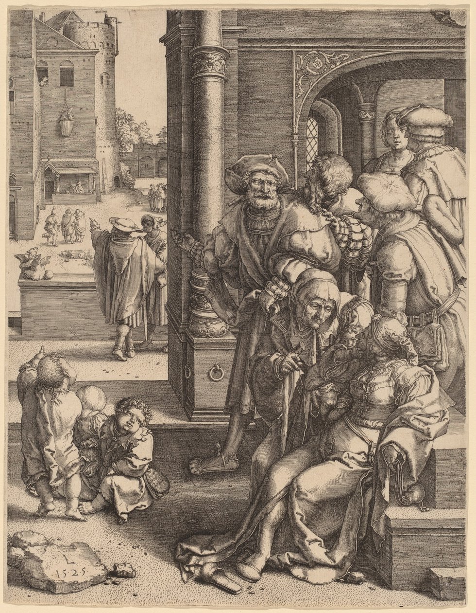 Poeten Vergilius upphängd i en korg av Lucas van Leyden