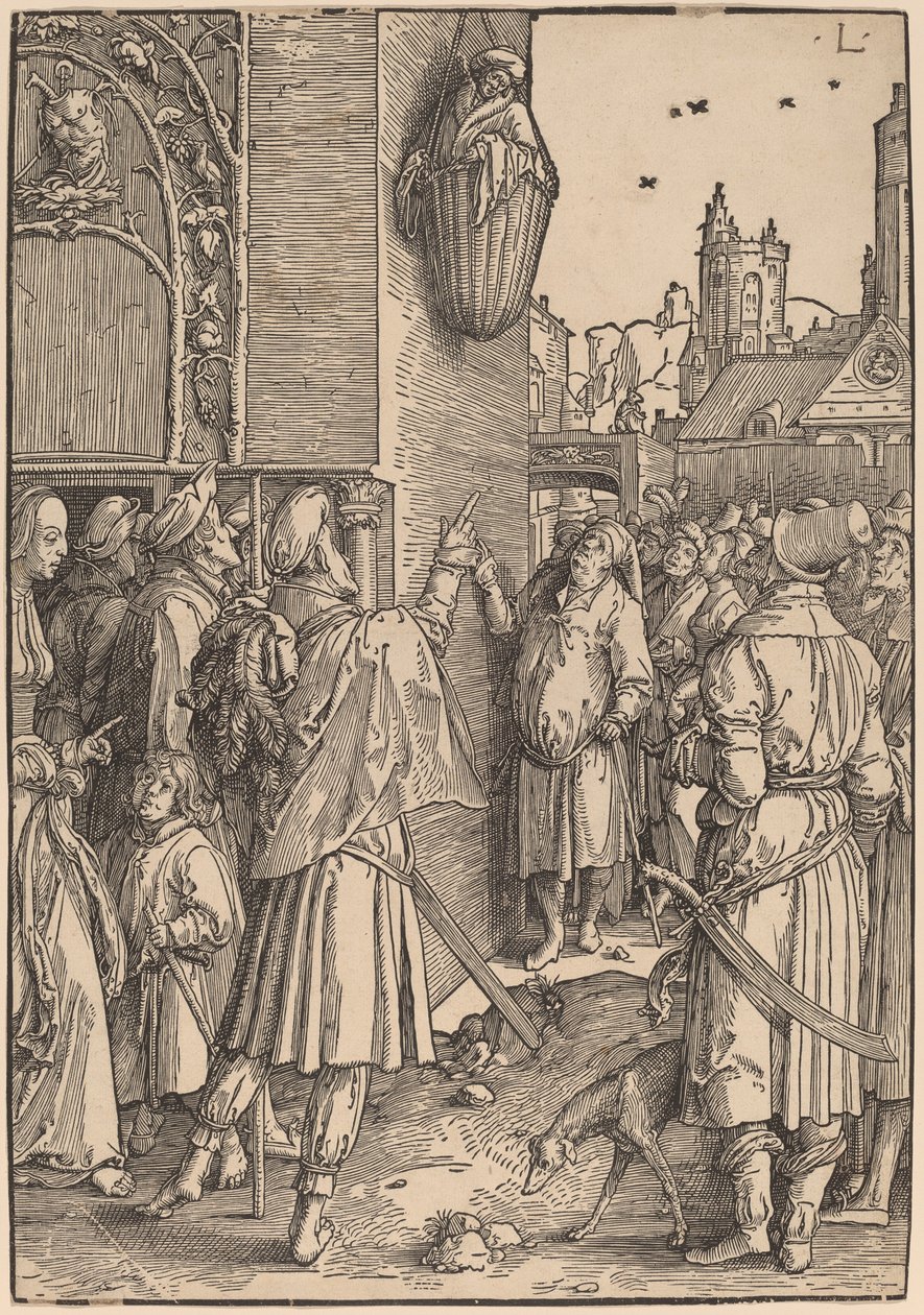 Poeten Vergilius upphängd i en korg av Lucas van Leyden