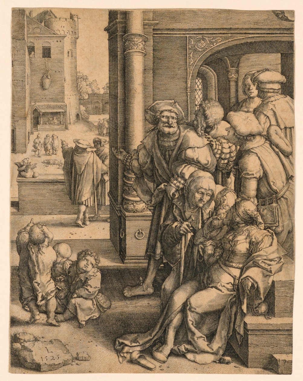 Poeten Vergilius upphängd i en korg av Lucas van Leyden