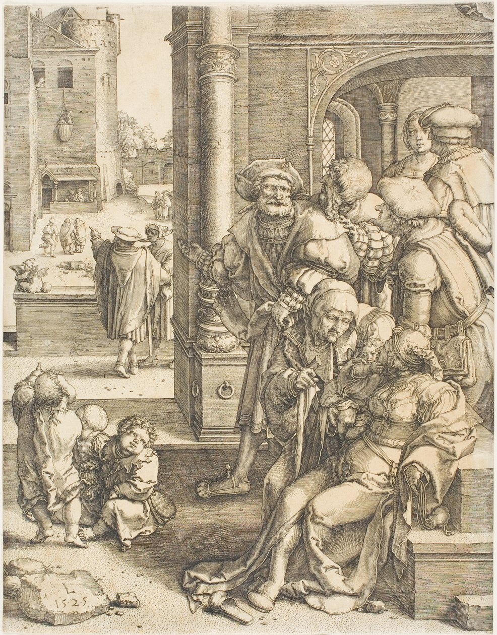 Poeten Vergilius upphängd i en korg av Lucas van Leyden