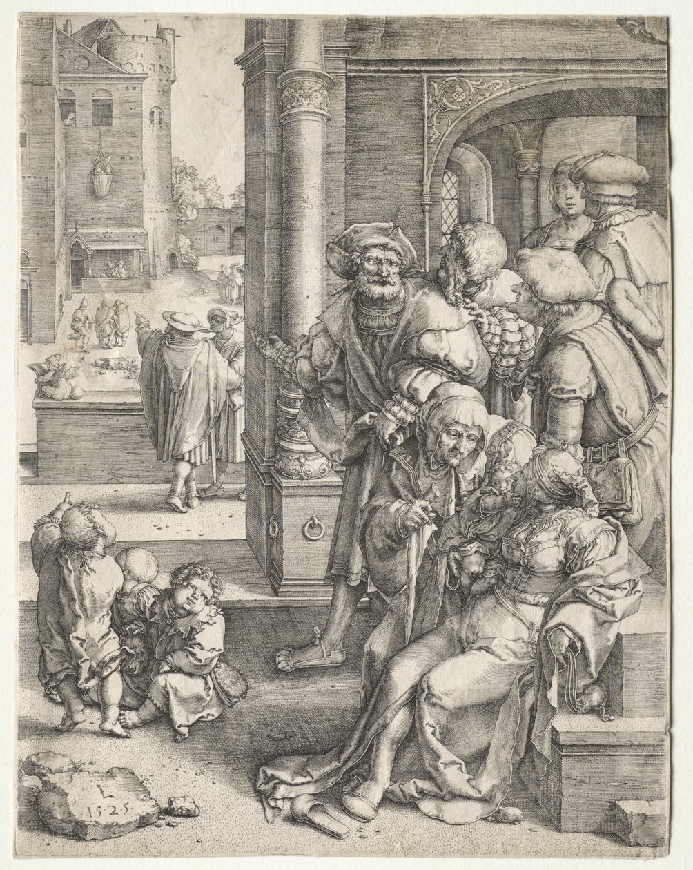 Poeten Vergilius upphängd i en korg av Lucas van Leyden