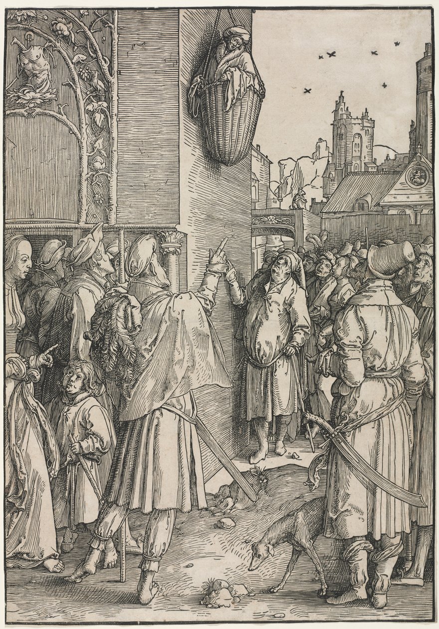 The Power of Women: Poeten Virgil upphängd i en korg, ca. 1512. av Lucas van Leyden