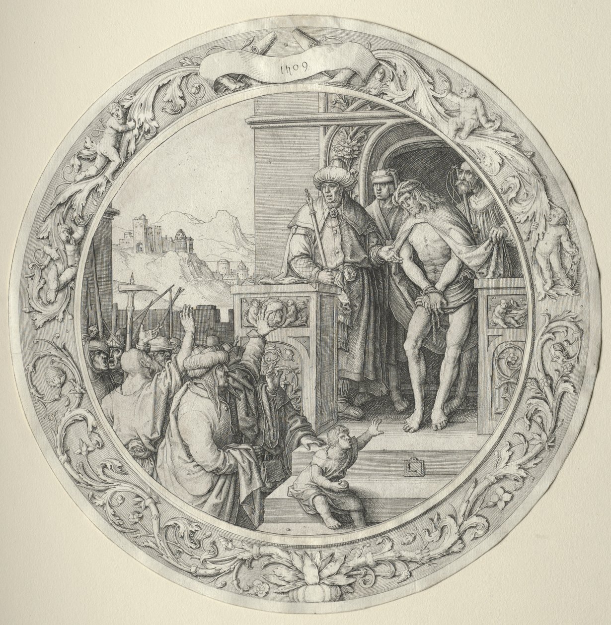 Den runda passionen: Kristus presenteras för folket av Lucas van Leyden
