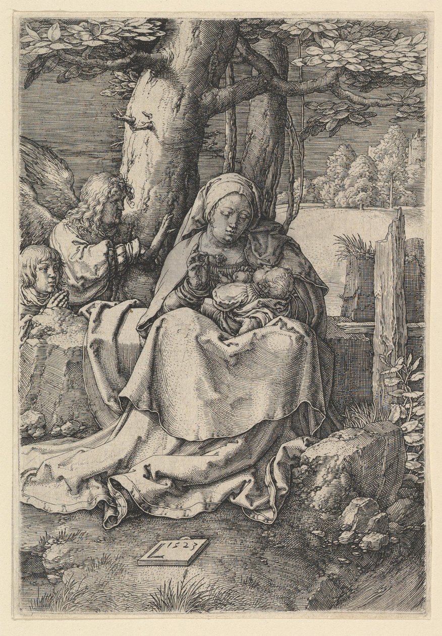 Jungfrun och barnet med två änglar, 1523. av Lucas van Leyden