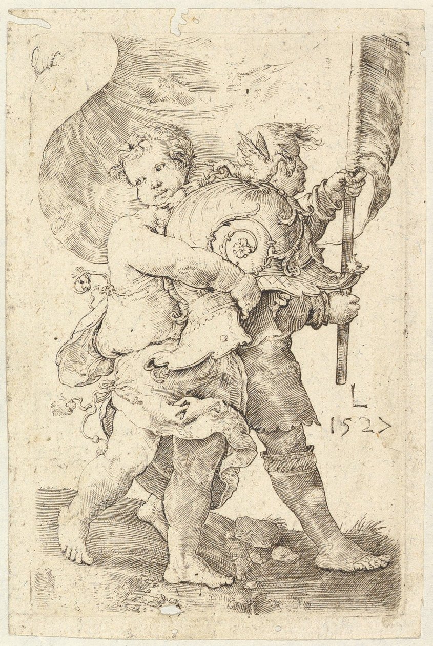 Två pojkar med hjälm och standard, 1527. av Lucas van Leyden